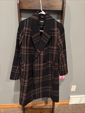 DKNY Black and Brown Plaid Double-coat